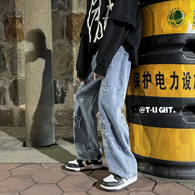 Pantalones vaqueros de pierna ancha para hombre, pantalón informal con bordado de estrellas, recto, holgado, estilo Hip Hop, ropa de calle Vintage - imagen 3