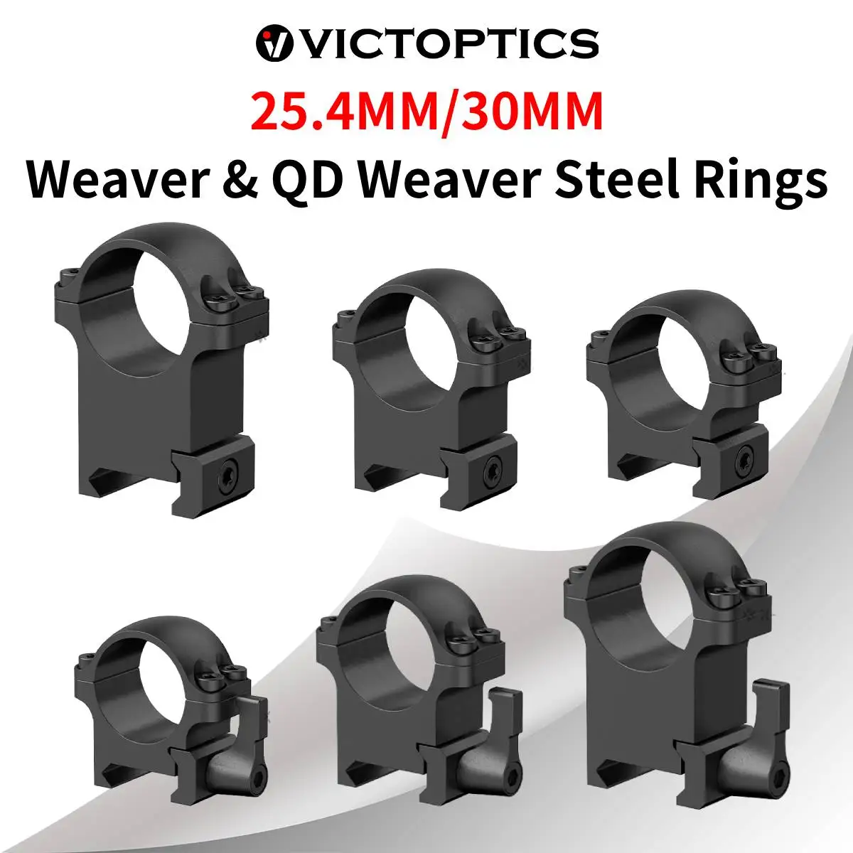 Victoptics Aros de Montura 30mm/25.4mm de Acero con Liberación Rápida, Altura Baja/Media, Acero CNC de 4 Tornillos, Compatibles con Rieles Picatinny/Weaver de 21mm