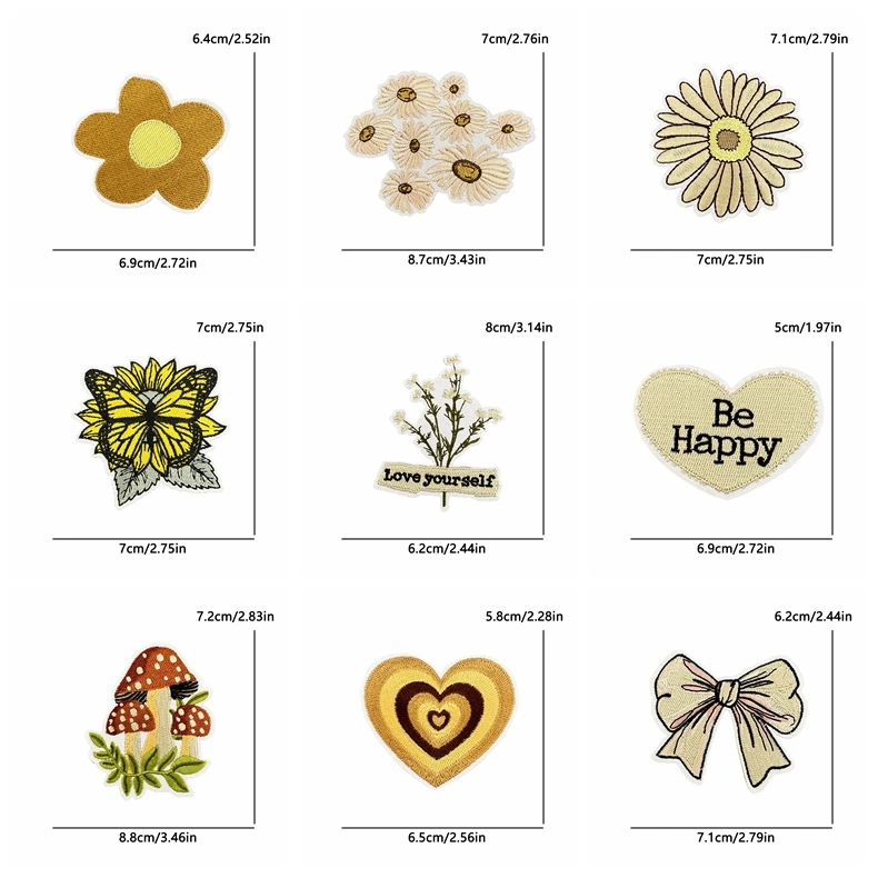 10 unids/lote flores de dibujos animados/arcoíris amor calor parches bordados DIY mariposa seta parche hierro en parches para chaquetas DIY - imagen 3