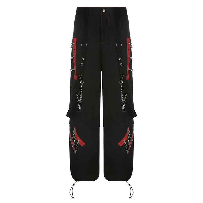 Pantalones Cargo góticos Vintage para mujer, pantalón informal de vendaje con cadena, pantalones holgados de retazos de malla, pierna ancha, ropa de calle de gran tamaño - imagen 5