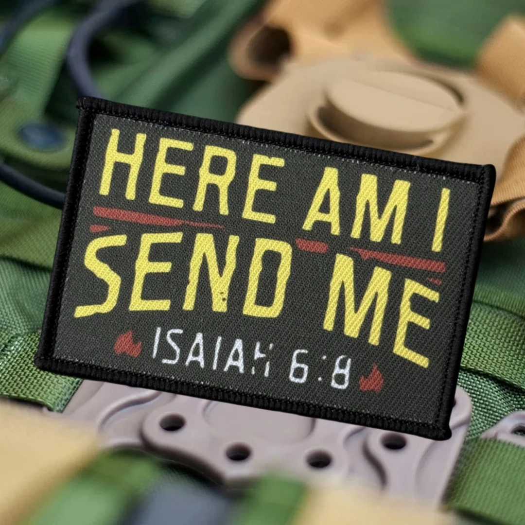 Aquí estoy envíame Isaiah 6:8 versículo de la Biblia insignia de moral táctica mochila militar pegatina parches de bucle de gancho impresos para ropa - imagen 3