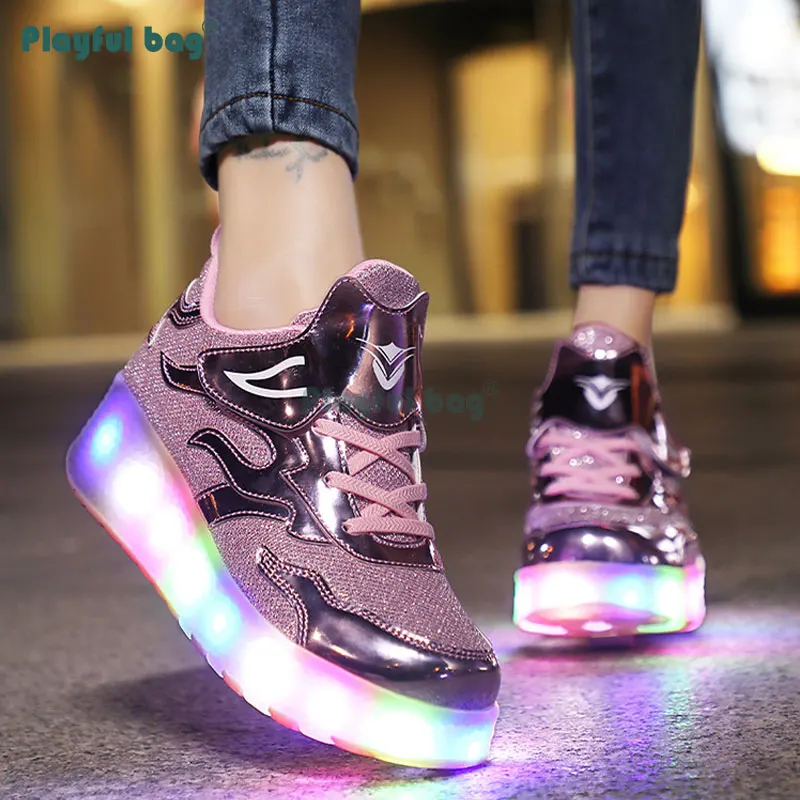 Zapatillas con ruedas LED para niños, zapatos deportivos de 2 ruedas con carga USB, patines para exteriores, AMB123 - imagen 4