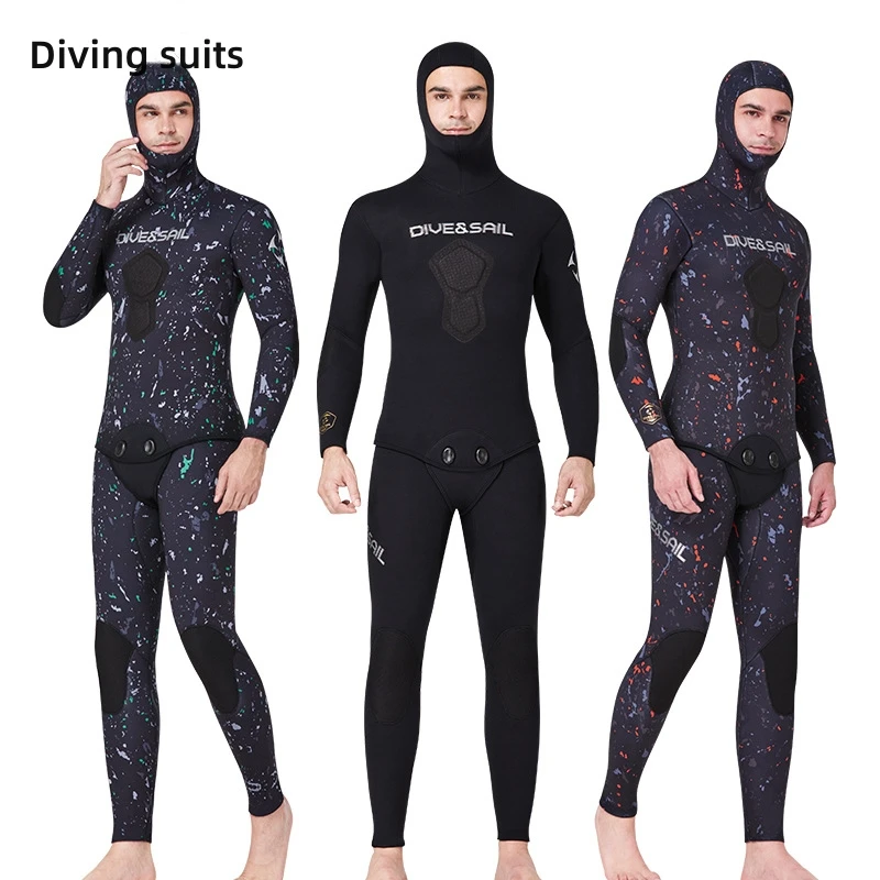 traje de neopreno hombre traje buceo 5 mm hombre buceTraje de buceo de camuflaje de 3MM-7MM, traje de buceo de goma de cloropreno, traje de surf para hombre, traje de buceo profundo con capucha de manga larga, 2 piezas - imagen 4
