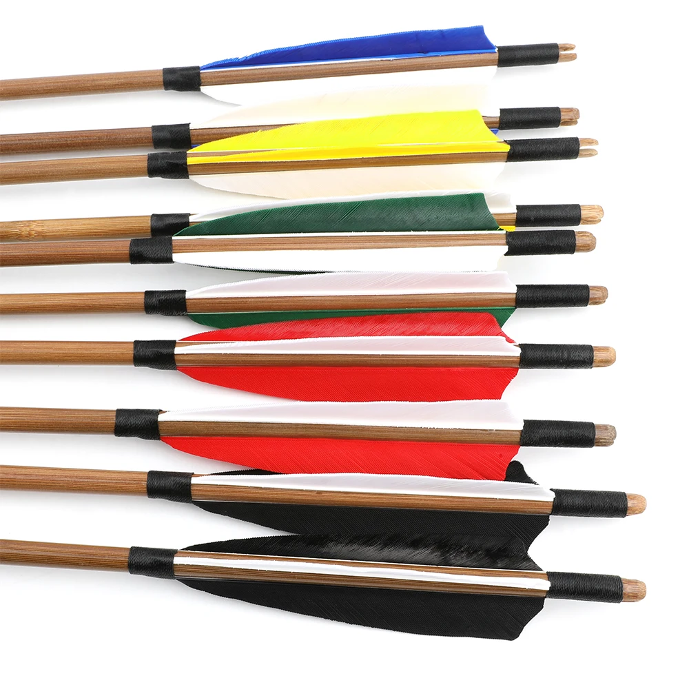 6/12 Uds arco tradicional tiro con arco flechas de bambú 32,5 pulgadas OD 8mm eje de flecha pluma de pavo arco largo arco recurvo tiro caza - imagen 3