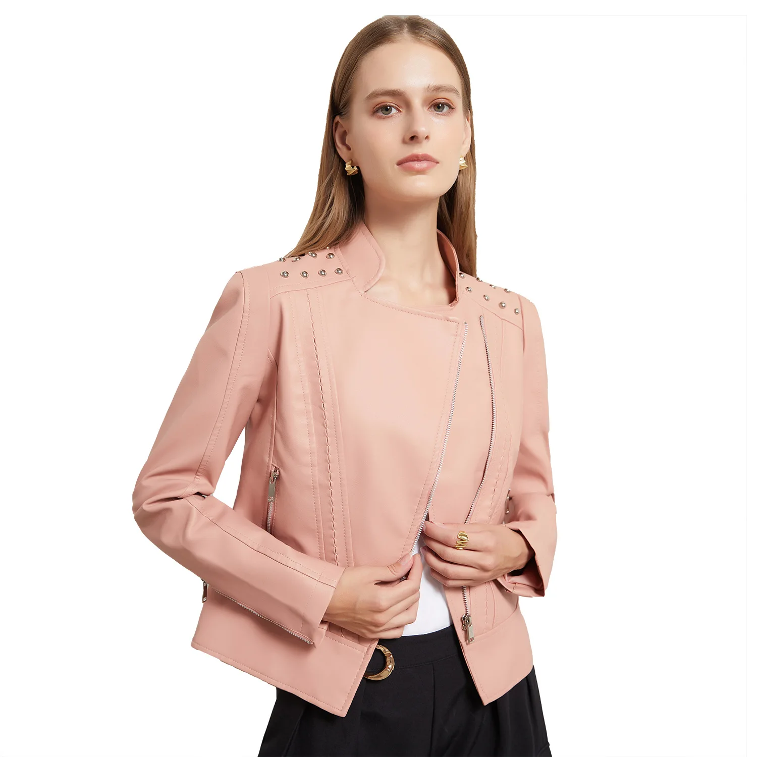 Chaqueta de cuero sintético para mujer, abrigo de motorista, chaqueta de motocicleta con remaches, gabardina para mujer - imagen 3