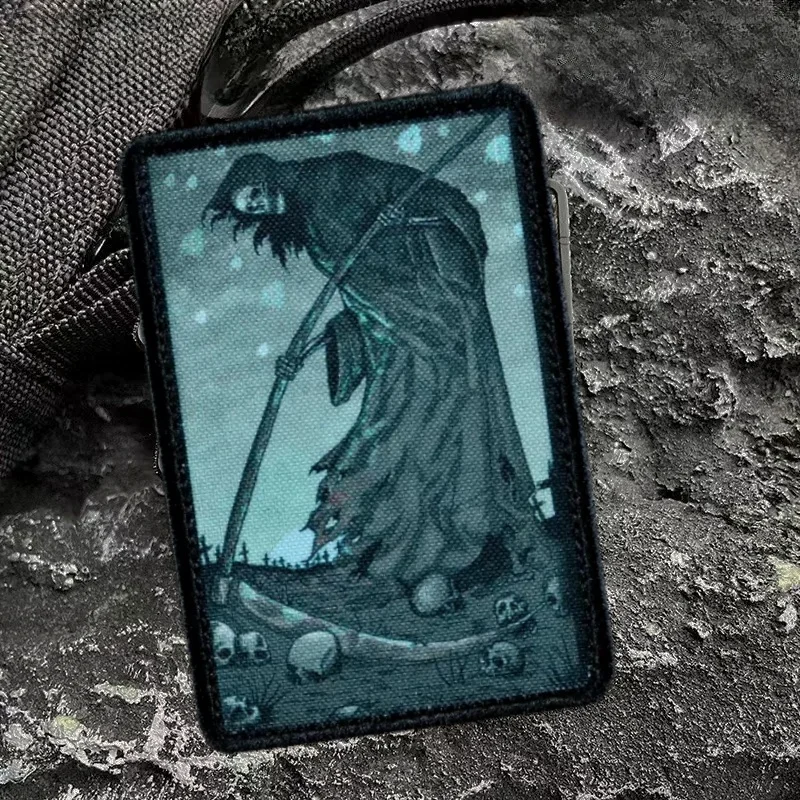 "Cosecha". Parches tácticos de esqueleto de la muerte, insignia de moral de combate estampada, brazalete del ejército militar, emblema de gancho y bucle, pegatinas para mochila