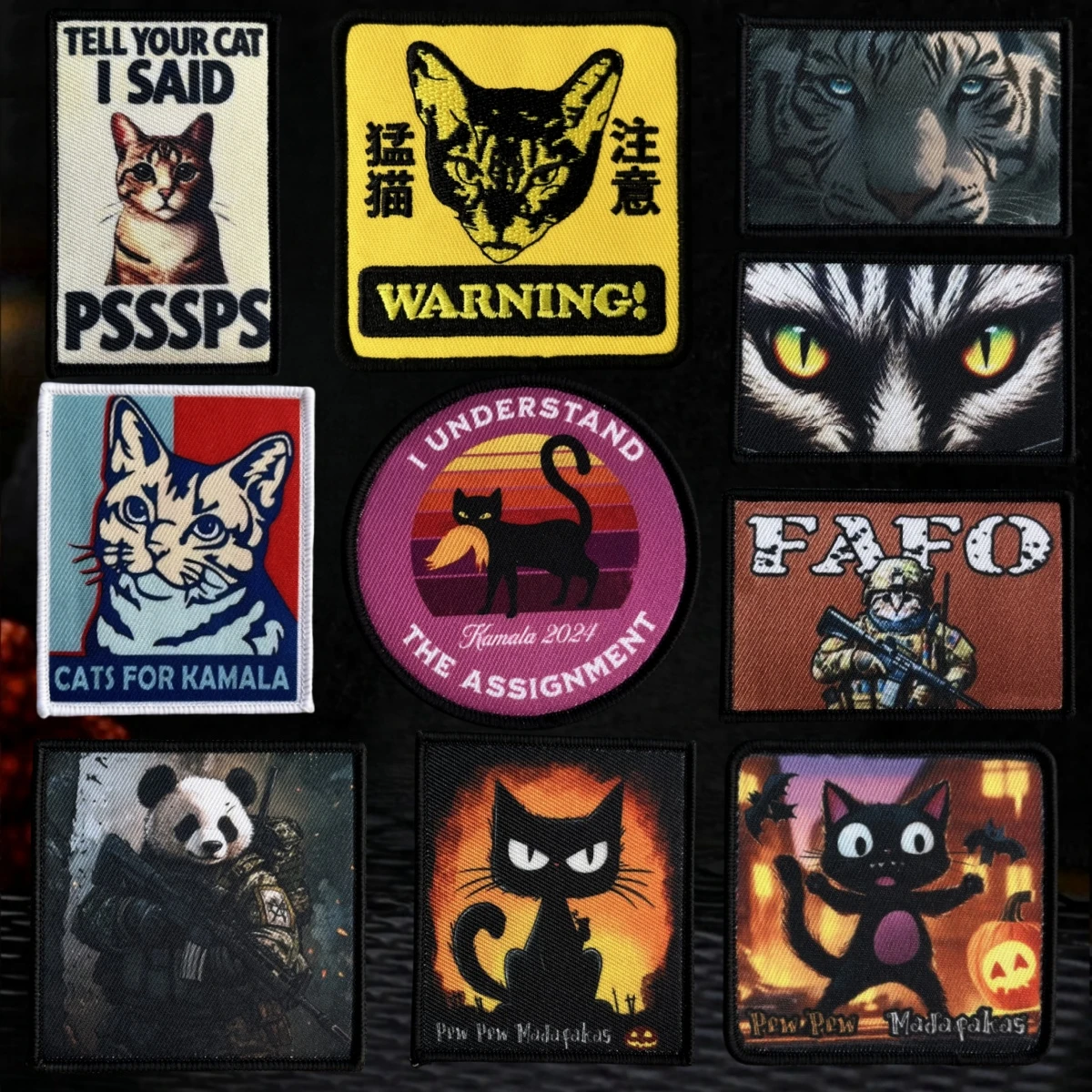 Parche de insignia de moral de advertencia de tigre táctico, brazalete militar, estampado de gato FAFO, parches de bucle de gancho Pew, pegatina de mochila Madafakas