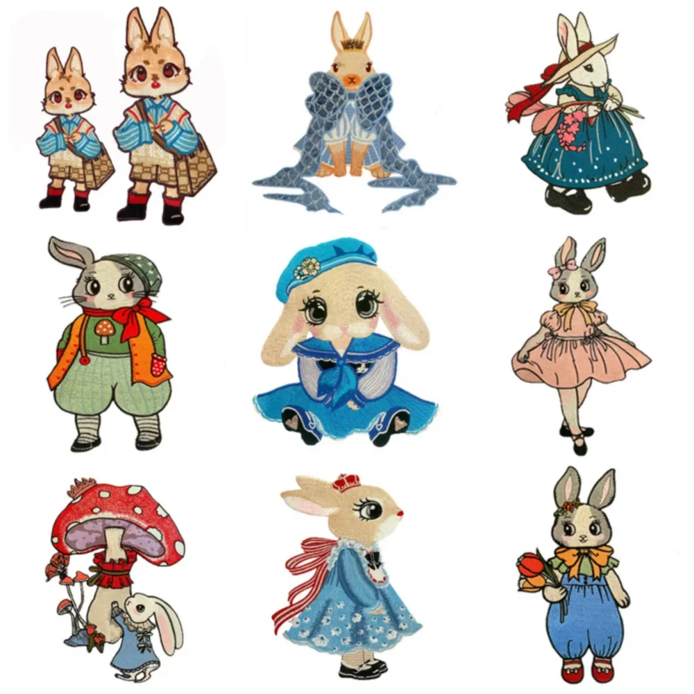 Parches bordados de conejo de dibujos animados grandes, apliques de ropa para coser, pegatinas decorativas de animales lindos en chaquetas, parche cosido en camiseta