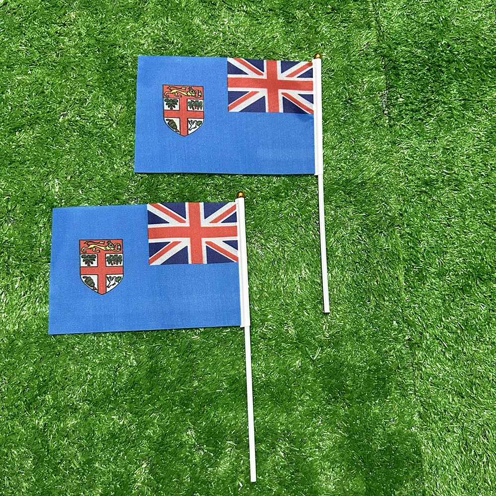 Bandera de la SKY, bandera de mano de Fiji, 10/20/50/100 Uds., 21x14cm, banderas onduladas de mano de Fiji con poste de plástico para actividades deportivas, decoración del hogar - imagen 3