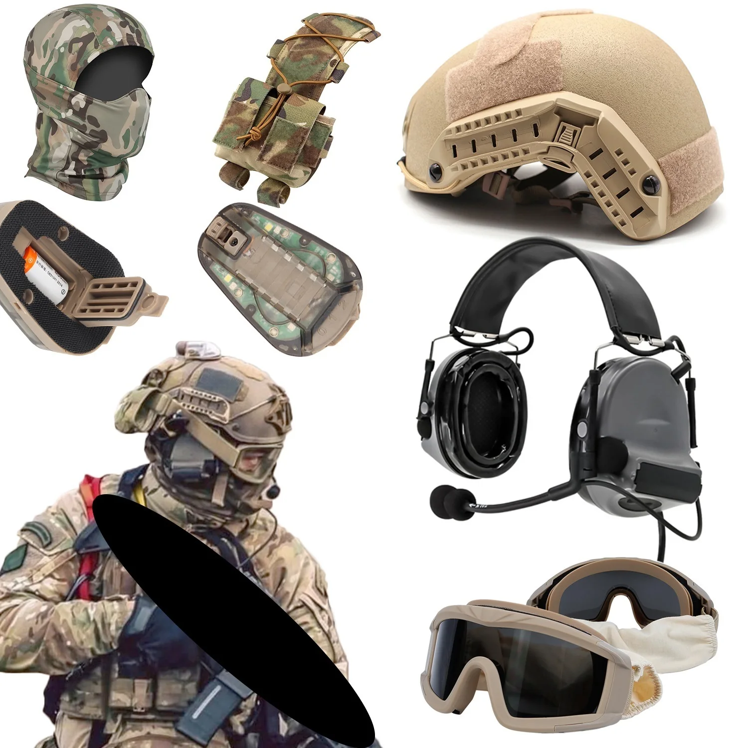 Casco rápido Airsoft con auriculares de comunicación HD, casco con micrófono, estroboscópico IR, multifunción, paquete de 7, para operaciones tácticas