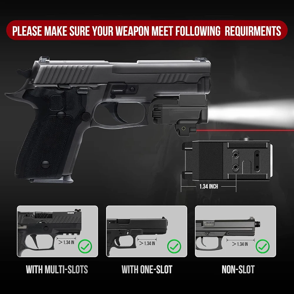 Luz de pistola compacta con mira láser roja, luz de pistola recargable de 850 lúmenes, mira láser, linterna combinada para pistola - imagen 5