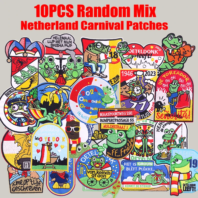 10 Uds. Parche de Carnaval de Países Bajos de mezcla aleatoria, parches para planchar para ropa, parches con emblema de Oeteldonk de País de tierras para coser ropa DIY - imagen 3