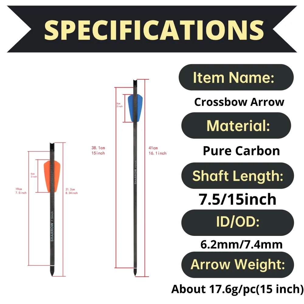 Flechas para Ballesta, 6/12 Piezas, 7.5/15 Pulgadas, Flecha de Carbono Puro, Diámetro Interior 6.2mm, Diámetro Exterior 7.4mm, Punta de 100 Granos, para Caza con Arco, Tiro al Blanco, Flechas para Ballesta - imagen 3