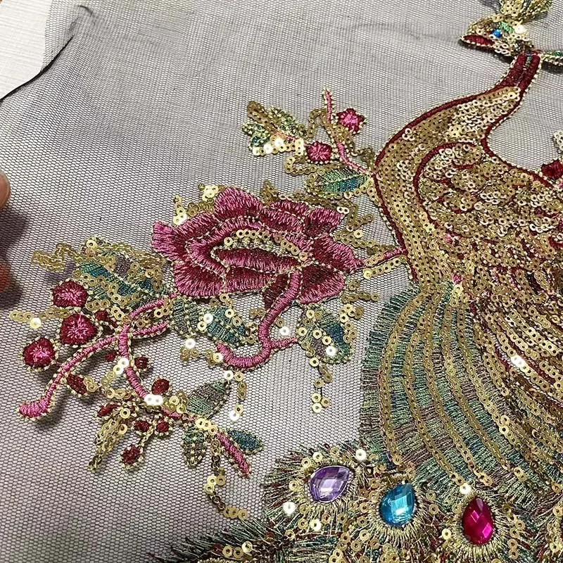 Apliques de diamantes de imitación con cuentas de lentejuelas de flor de pavo real, telas bordadas de encaje, parches de costura para vestido de noche, vestido de fiesta, 40x30CM - imagen 5