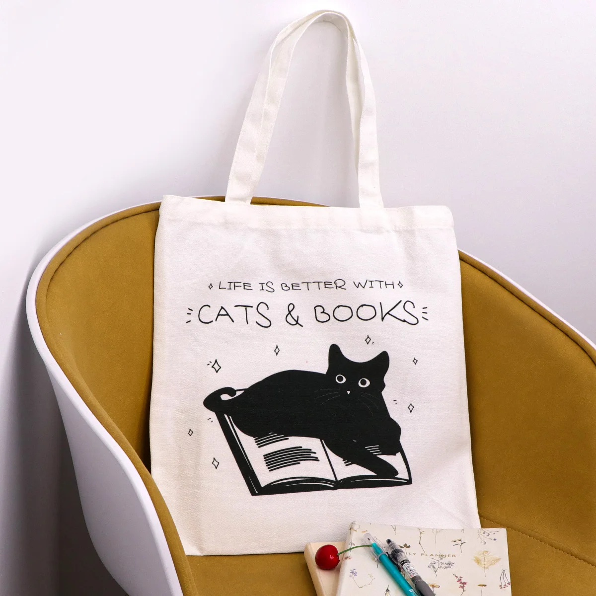 CATS & BOOKS bolso de lona gato negro vintage para libros - imagen 3
