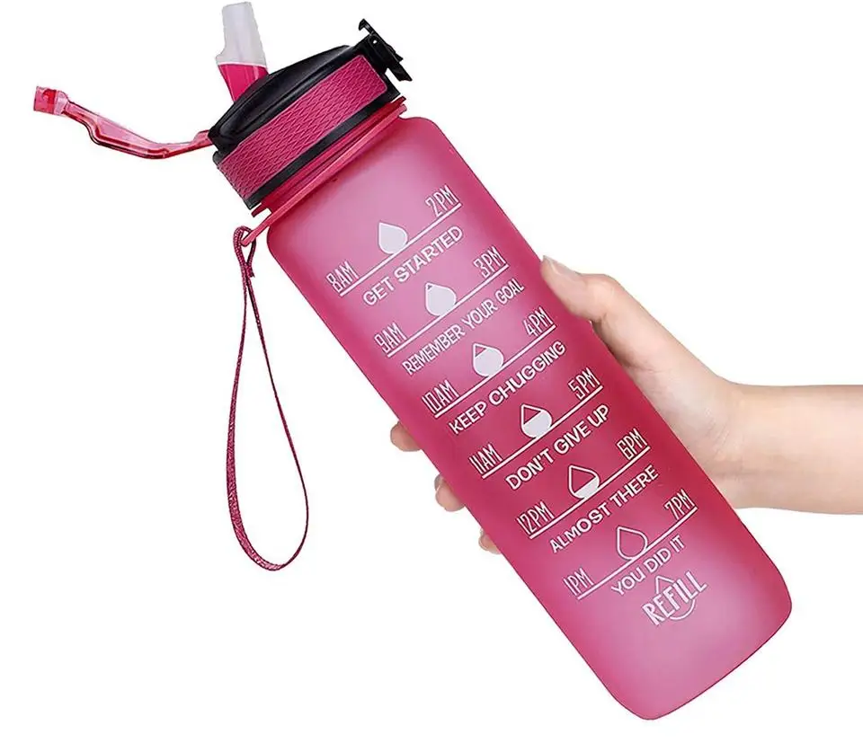 Botella de agua de 1L con pajita, botella de agua motivacional con marcador de tiempo y correa con hebilla, tritan a prueba de fugas sin BPA, garantiza usted - imagen 4