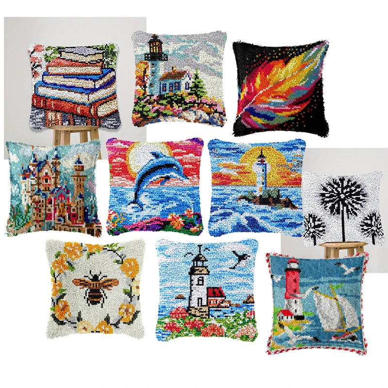 Kit de gancho de pestillo de faro náutico, manualidades para adultos al aire libre, tela para bolsa de ganchillo, aguja, manualidades, almohada, pestillo, gancho, Kit de alfombra DIY - imagen 2