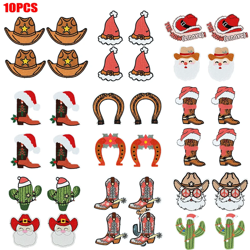 10 unids/lote Western Cowboys Navidad bordado parche para coser sombreros chaquetas parche bordado hierro en parches para insignias de ropa DIY