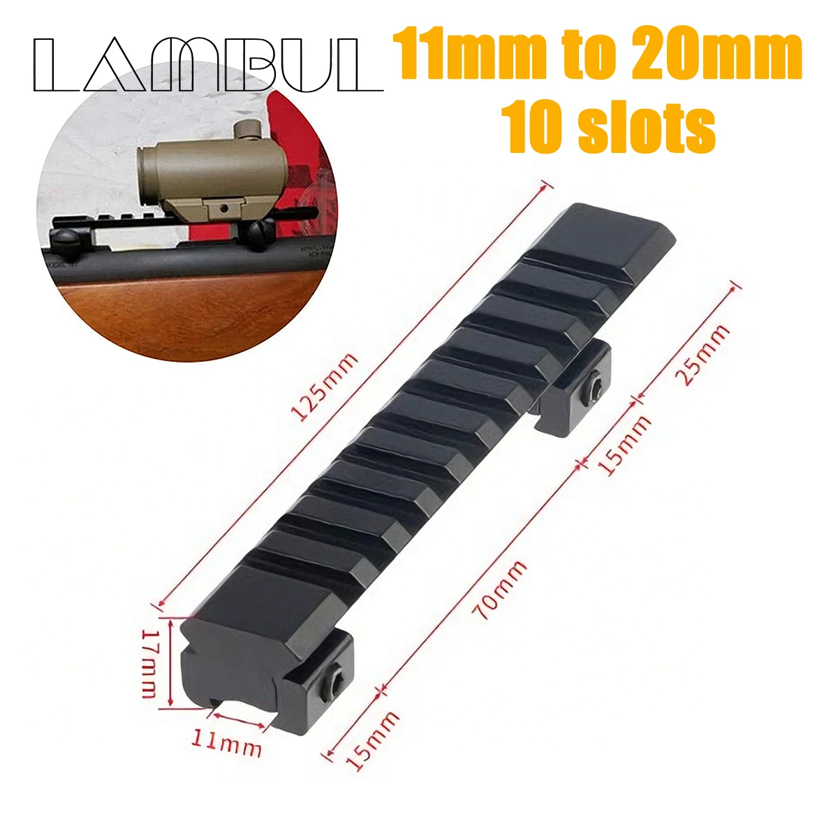 Adaptador cola de milano a Picatinny 125mm – Aluminio 10 ranuras - imagen 2