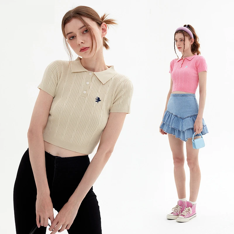 Camiseta de punto de alta calidad para mujer, camisetas con botones, Polo informal, camiseta de manga corta para mujer, Tops cortos ajustados - imagen 2