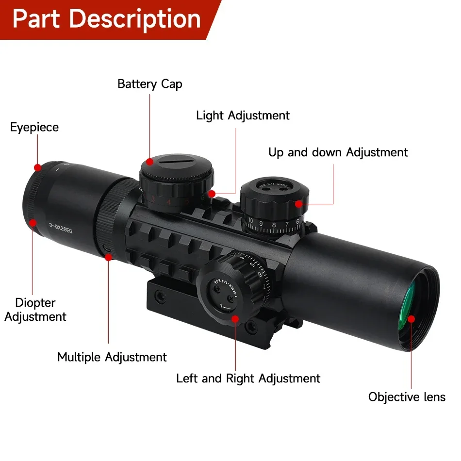 Mira telescópica táctica para caza al aire libre 3-9X26EG, brillo rojo y verde, óptica Airsoft, accesorio de mira réflex ajustable de 20mm - imagen 5