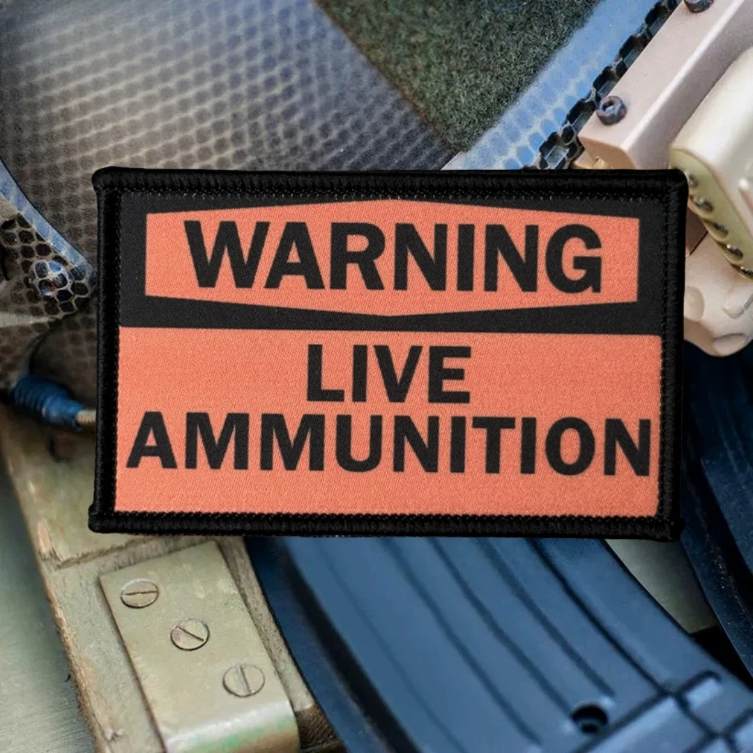 Parches de gancho y bucle impresos de munición en vivo de advertencia para ropa, parche táctico de moral, brazalete del ejército militar, pegatina para mochila - imagen 3