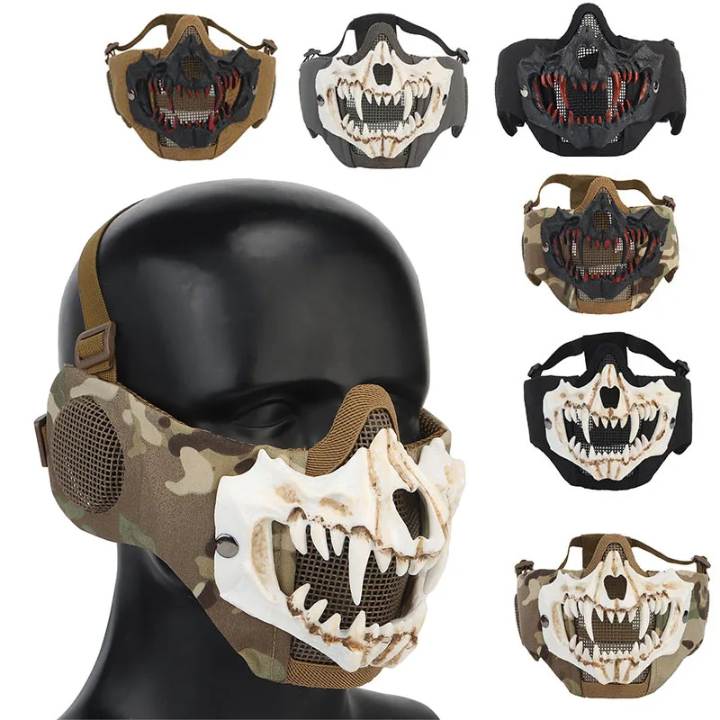 Máscara táctica de media cara, malla de acero con bajo contenido de carbono, transpirable, ajustable, protector para la oreja, Paintball Wargame CS Airsoft