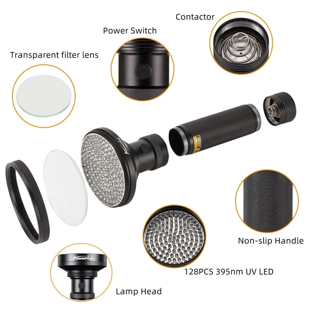 Linterna UV de 128LED y 395nm, antorcha de curado ultravioleta, minério de dinero, gato, perro, mascotas, manchas, escorpión, marcador de tinta fluorescente, Detector de luz - imagen 5