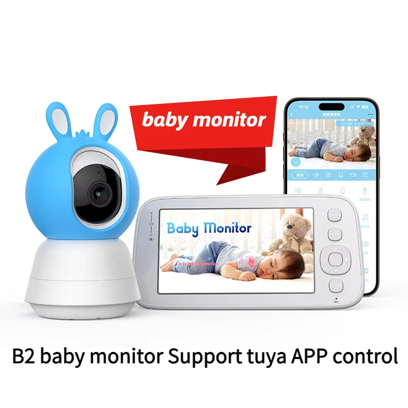 Tuya APP B2 Monitor de bebé inalámbrico pantalla de 5 pulgadas 4MP monitoreo de temperatura intercomunicador PTZ visión nocturna recordatorio cámara de bebé