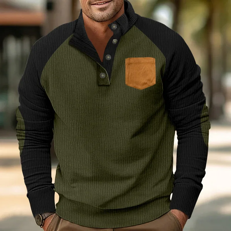 Sudadera Retro para hombre, Color pana, cuello levantado, camisa informal holgada de gran tamaño, Sudadera con capucha a juego, sudadera de retazos para hombre - imagen 3