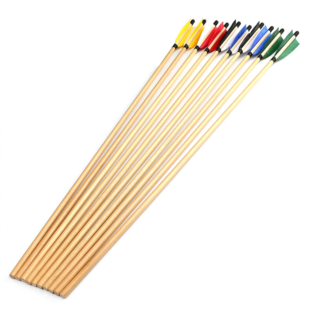 6/12 Uds flechas de madera 80cm entrenamiento de tiro con arco principiantes 8mm eje 5 "plumas de pavo adolescentes jóvenes estudiantes enseñanza práctica de objetivo - imagen 5