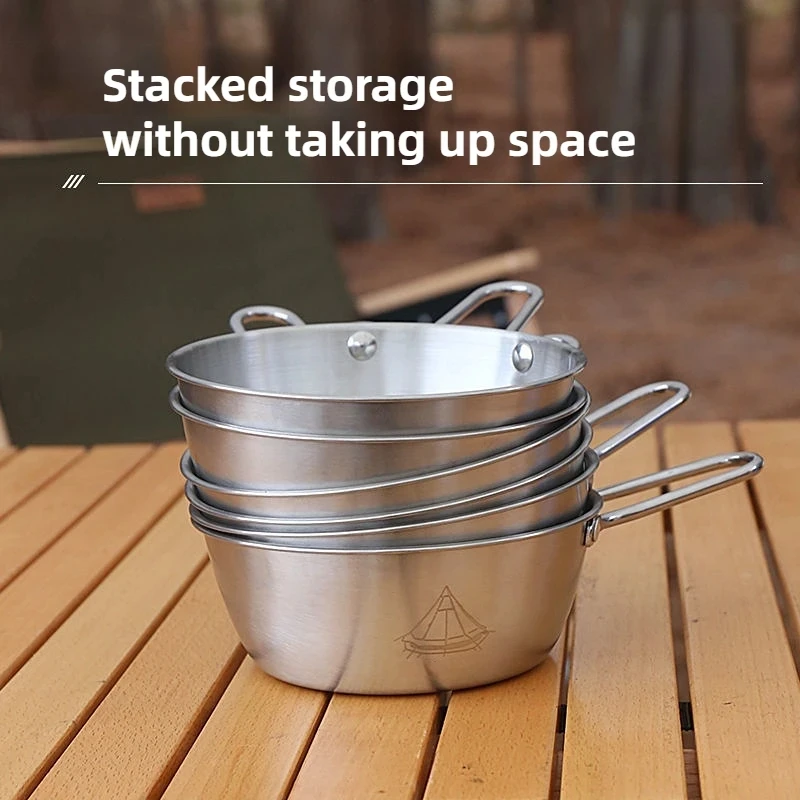 Vajilla portátil de acero inoxidable para acampar al aire libre, cuenco Syrah, Picnic, barbacoa, utensilios de cocina con mango antiquemaduras, 450/600ML - imagen 4