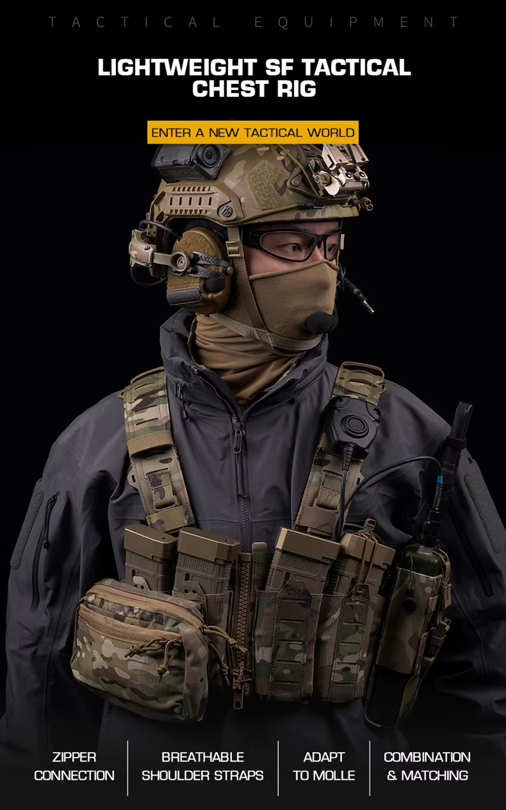 Equipamento de peito tático con arnés H y sistema MOLLE