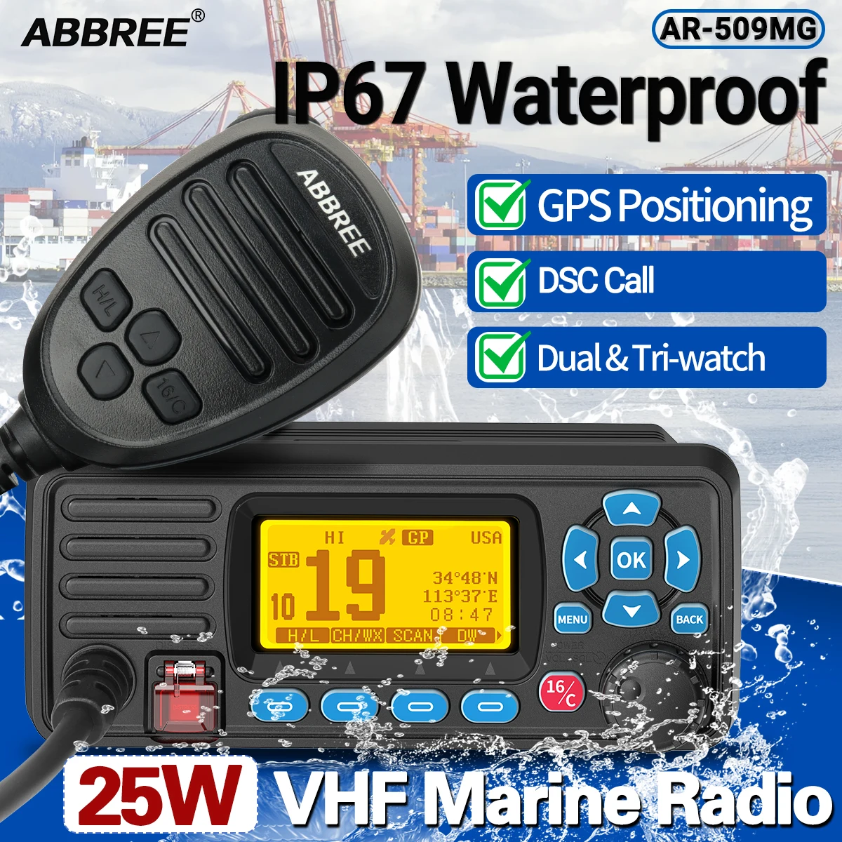 ABBREE AR-509MG radio VHF marina impermeable con GPS montaje fijo