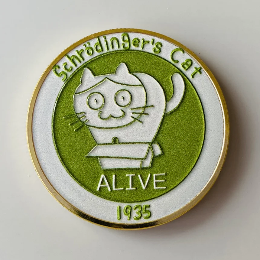 Moneda conmemorativa del gato de Schrodinger, regalo de cumpleaños creativo, pieza de decisión divertida y bonita, experimento simbolizando el pensamiento vivo o muerto