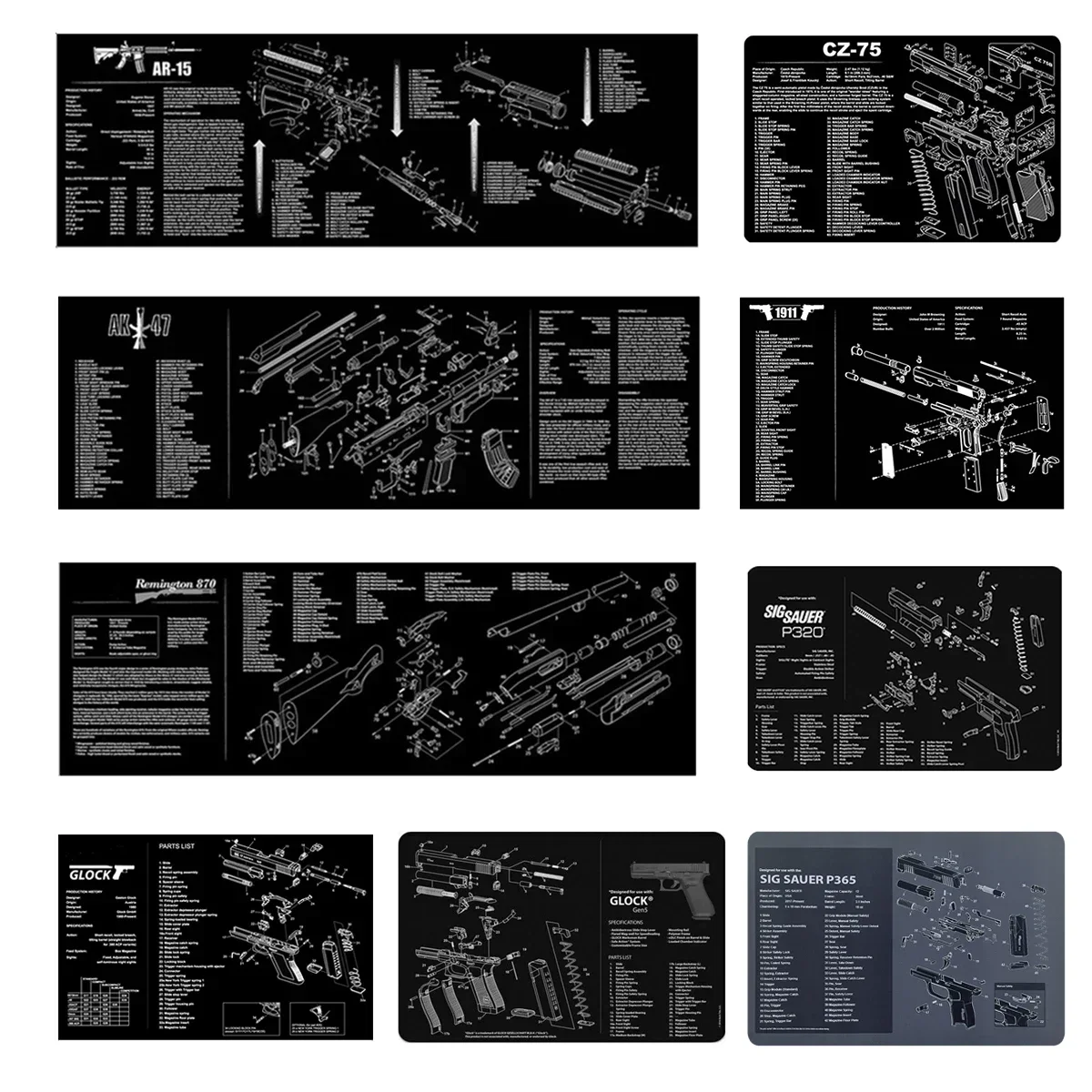 Alfombrilla de goma para limpieza de armas, diagrama de piezas de alfombrilla para ratón para AR15 AK47 Remington 870 GLOCK CZ-75 SIG SAUER P220 P226 P229 P320 P365 - imagen 3