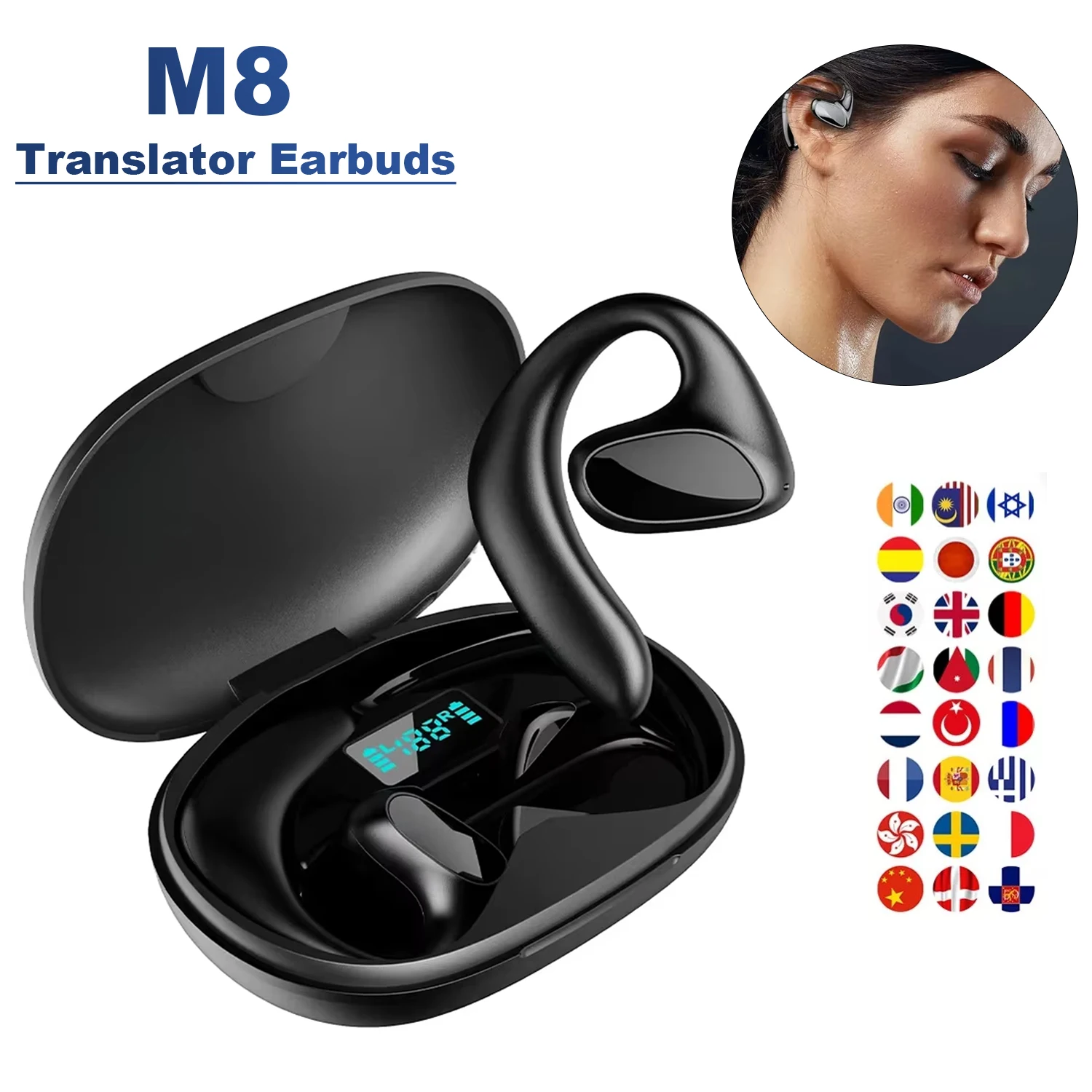 "Auriculares con traductor inalámbrico M8: traducción en tiempo real de 144 idiomas, auriculares inteligentes Bluetooth 5.1 para viajes/negocios