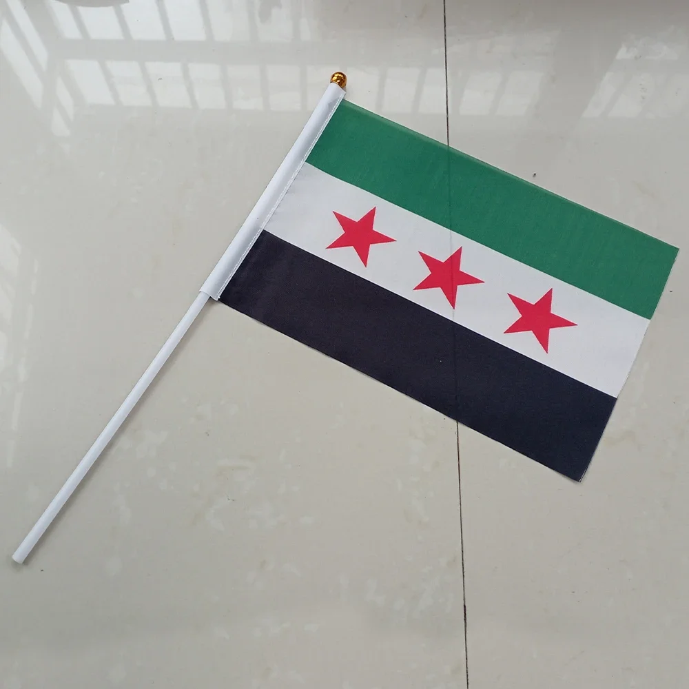 Bandera de esquí personalizada, bandera de mano de Siria, 10/20/50/100 Uds., 21x14cm, banderas ondeantes de mano de Siria con poste de plástico para actividades deportivas, decoración del hogar - imagen 5