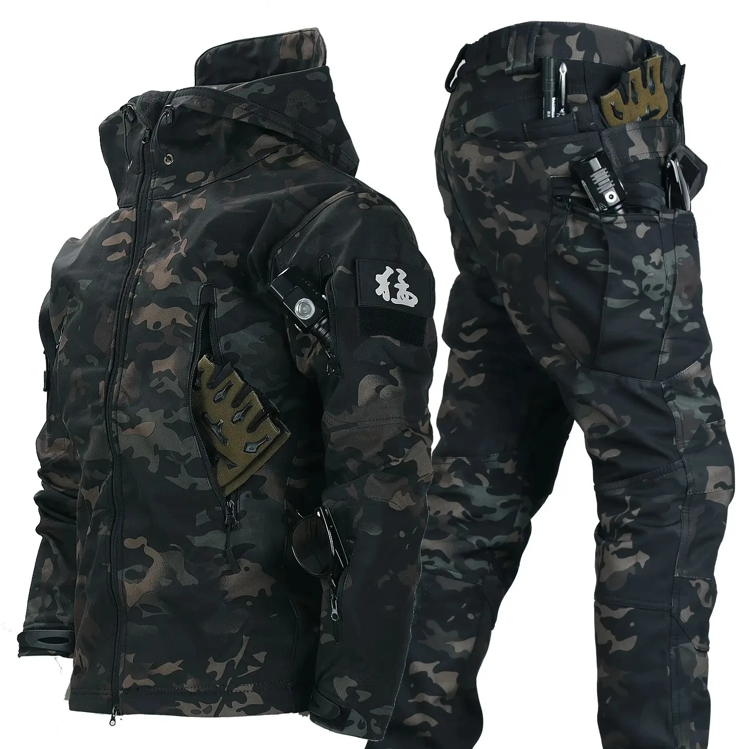 Conjuntos militares de concha suave para hombre, chaqueta con capucha multibolsillo y pantalones Cargo rectos del ejército, trajes de 2 piezas, conjunto táctico de lana para exteriores, Invierno - imagen 3