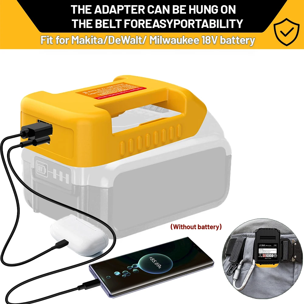 Adaptador de cargador USB para batería Lithitum Makita/Dewalt/Milwaukee de 18V, puerto portátil tipo C, soporte de almacenamiento de batería de carga rápida C