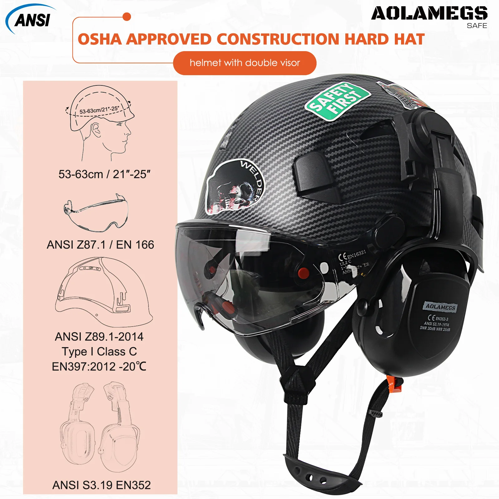 Casco de seguridad de fibra de carbono para construcción, casco con orejeras dobles, 50 piezas, pegatinas de bricolaje, ABS, casco duro, gorra protectora para montar en escalada - imagen 2