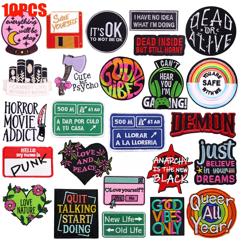 10 unids/lote, venta al por mayor, eslogan de letras bordado, insignias para coser, parches DIY, sombreros, mochila, bordado, parches para planchar DIY para ropa