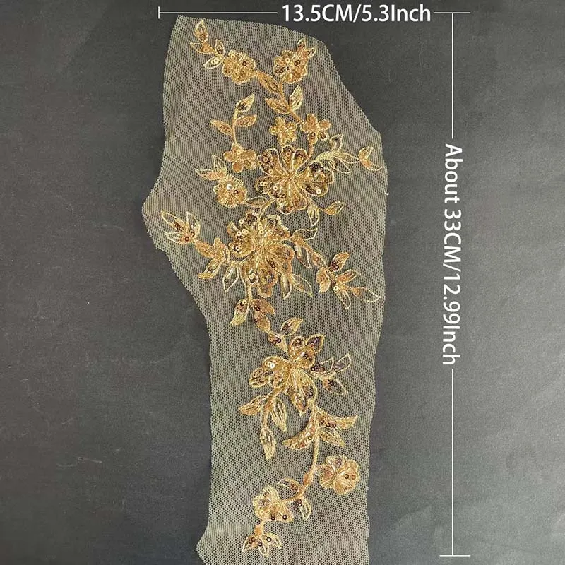 1 par/33*13,5 CM flor dorada brillo Apliques de encaje tubo bordado de lentejuelas con cuentas, apliques de corpiño parche de costura para decoración de vestido - imagen 3