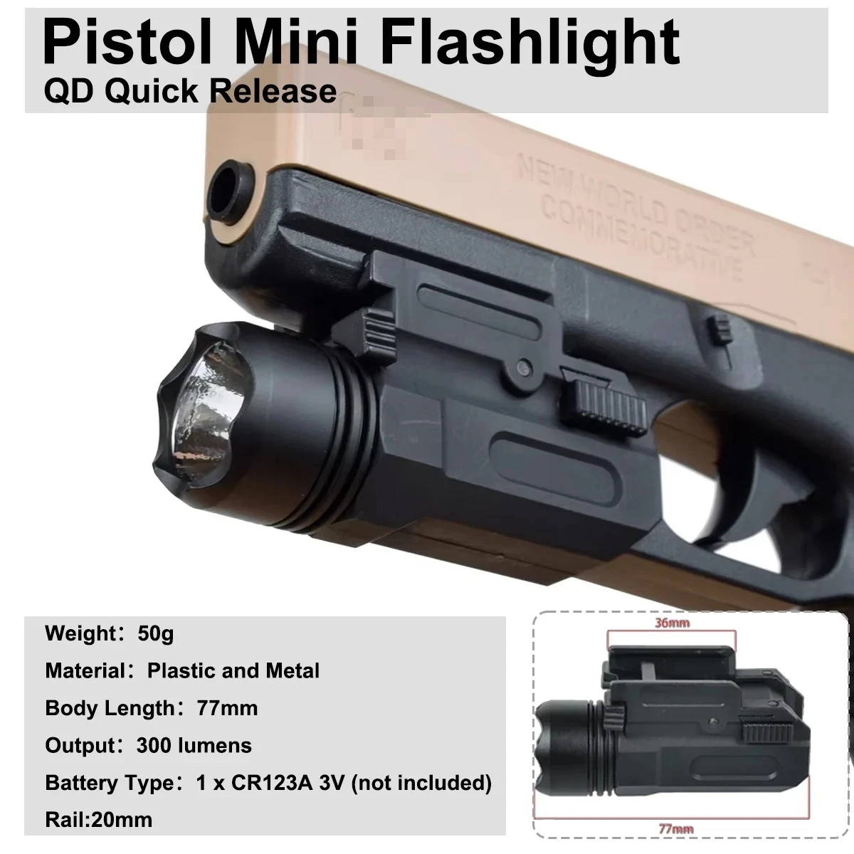 Luz de pistola Airsoft, minilinterna táctica para pistola QD, linterna para Rifle de liberación rápida G17 G18C G19 G22 G20mm, carril de caza - imagen 2