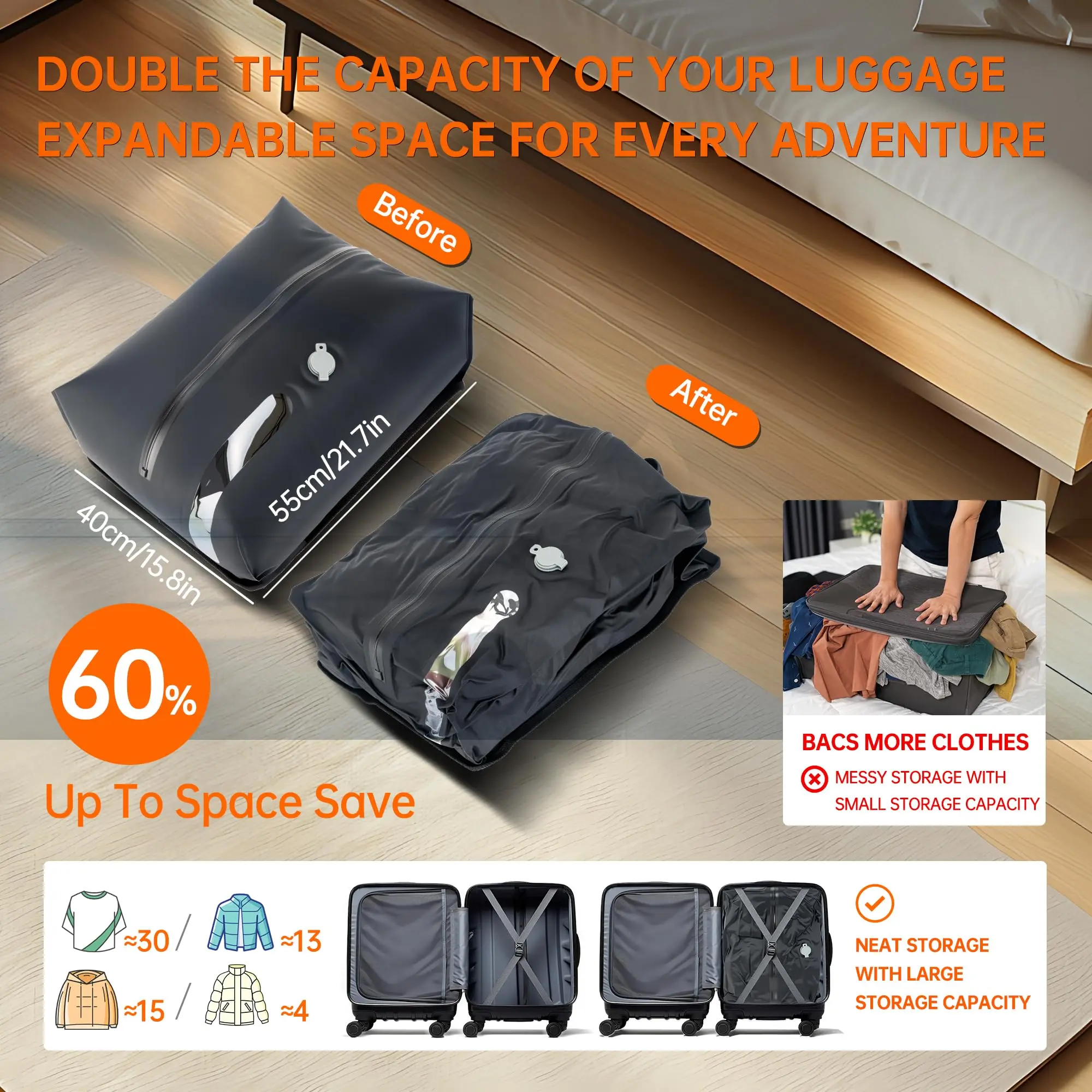 Bolsa de vacío de TPU para equipaje con bomba, bolsas reutilizables de nailon laminado 72D para ahorrar espacio, viaje con cremallera impermeable IP67 y bomba USB - imagen 2