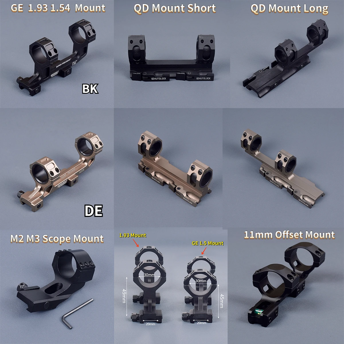 Montaje de alcance táctico AR15, 25,4mm, 30mm, Rifle GE, mira óptica automática, 1,5 1,93 QD, 20mm, carril Picatinny, anillos dobles - imagen 3