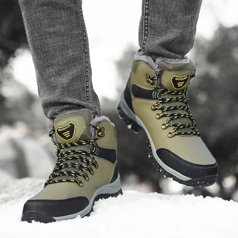 Botas de invierno para hombre con piel cálida nieve antideslizante zapatos informales de trabajo para hombre zapatillas de deporte de cuero impermeables botines altos de talla grande 46 - imagen 5