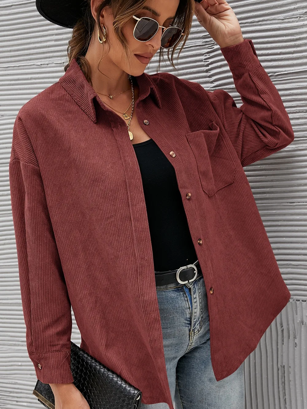 Camisa de pana para mujer, chaqueta informal de gran tamaño, abrigo holgado de manga larga con botonadura única, primavera y otoño - imagen 5