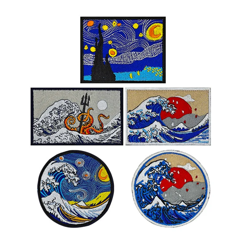 Insignias bordadas de Kanagawa, parche de costura de capítulo de moral ondulado, insignia de mochila personalizada, brazalete de PVC, paisaje Natural para acampar