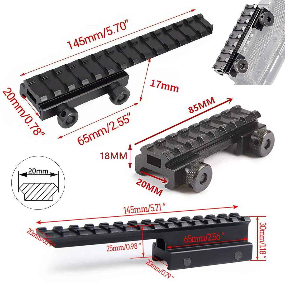 Adaptador de montaje elevador de altura de 17/18/30mm, mira de punto rojo de 20mm, extensión de 145mm, adaptador de montaje elevador de riel Picatinny, montaje en riel de 85mm - imagen 2
